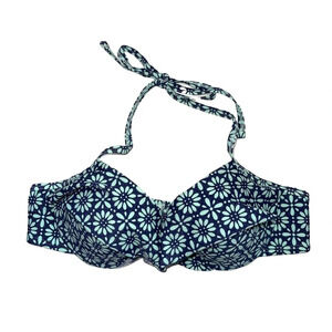 aerie Navy Blue & Mint Green Floral Print Ruffle Push-up Bikini Top 36B Women’s